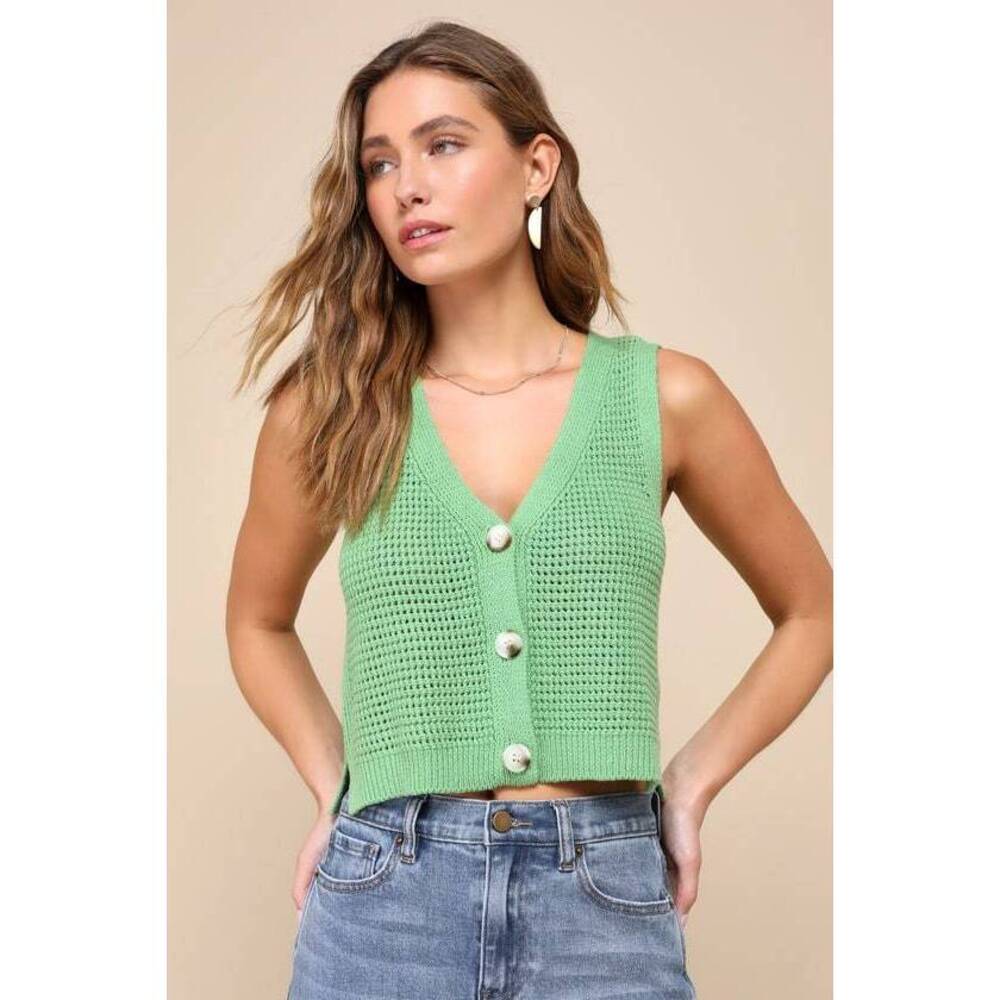 Lulu's Light Green Crochet Knit Button Tank